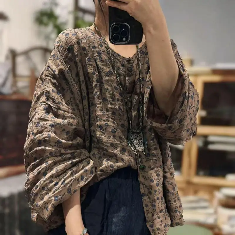 

New Arrival Spring Summer Arts Style Women Long Sleeve Loose Short Coat Vintage Print Single Breasted Cotton Linen O-neck Jacket