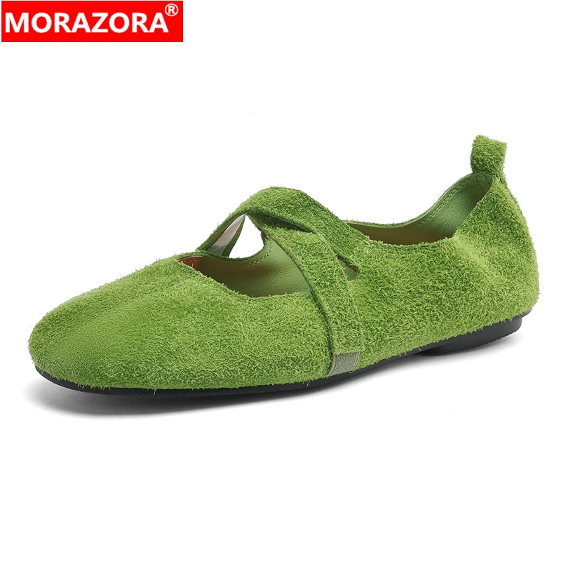 MORAZORA Size 34-43 New Cow Suede Leather Women Flats Mary Janes Green Pink Spring Summer Ballet Flats Ladies Casual Flat Shoes