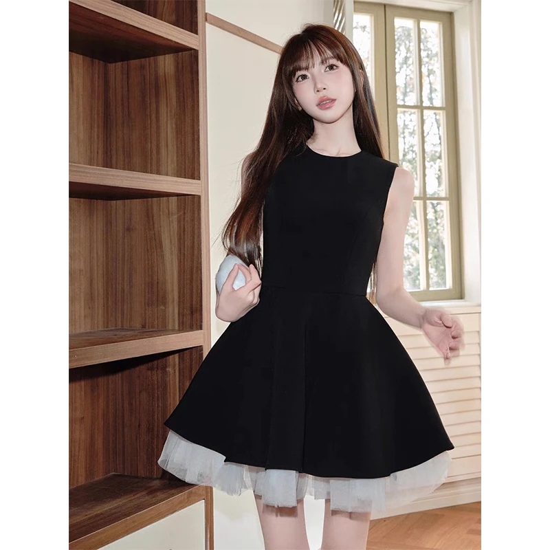 Czarna Mini Sukienka Vintage Damska Elegancka Impreza Bal Siatka Patchwork Białe Sukienki Letnie Koreańskie Bez Rękawów Obcisła Sukienka Vestidos