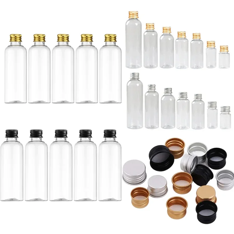 20pcs 5ml-500ml Empty Clear Plastic Sample Bottle with Aluminium Screw Cap Tiny Jars Cosmetic Container Travel Refillable Bottle