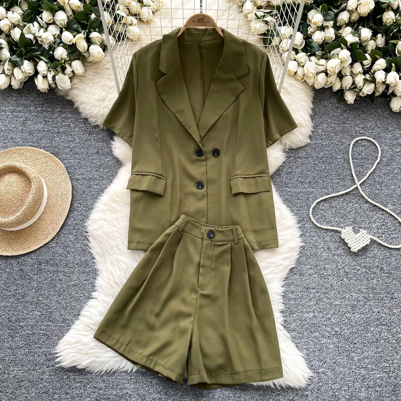 

Summer Outfit Set Women's Light Mature Style Versatile Casual Suit Collar Short Sleeved Top and High Waist Wide Leg Shorts Set