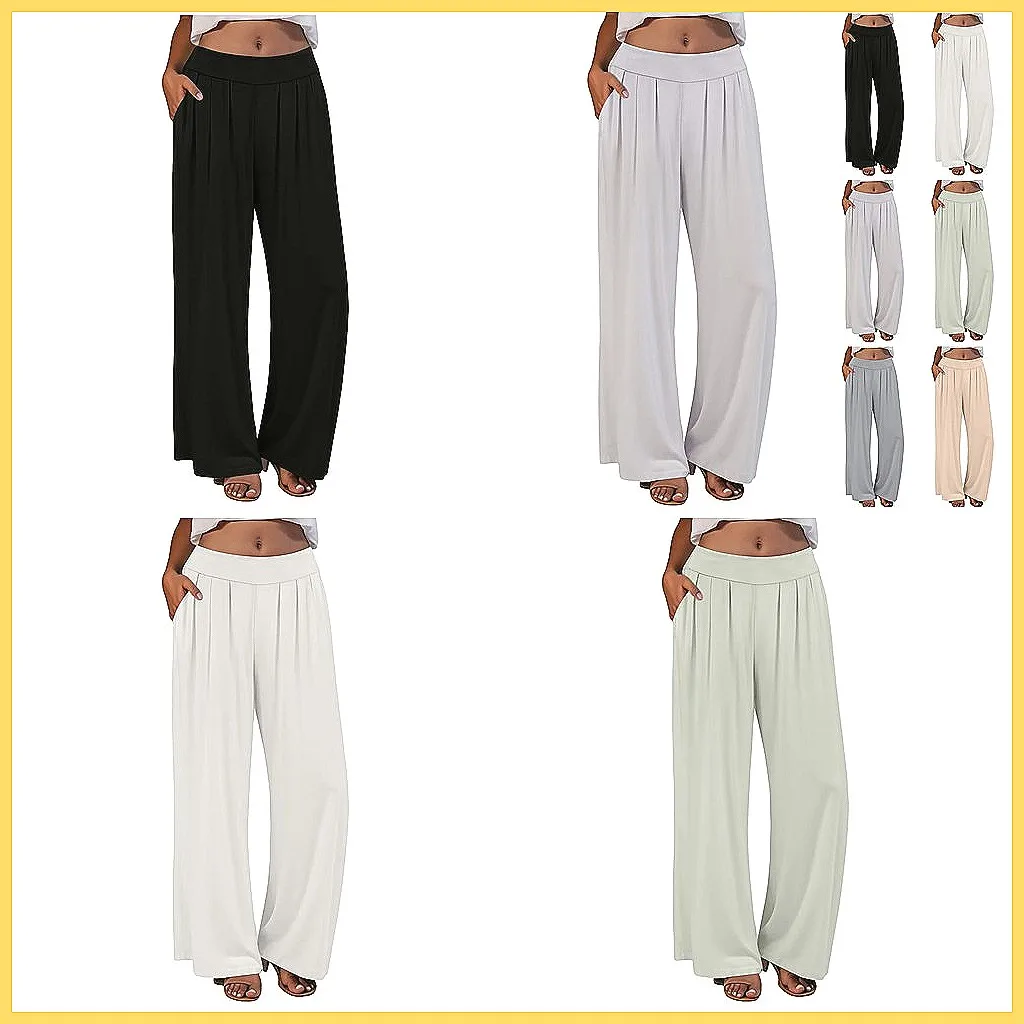 

Women's High Waist Wide Leg Pants - Summer Elastic Waist Stretch Mesh Long Pants, Solid Color Casual Palazzo Trousers