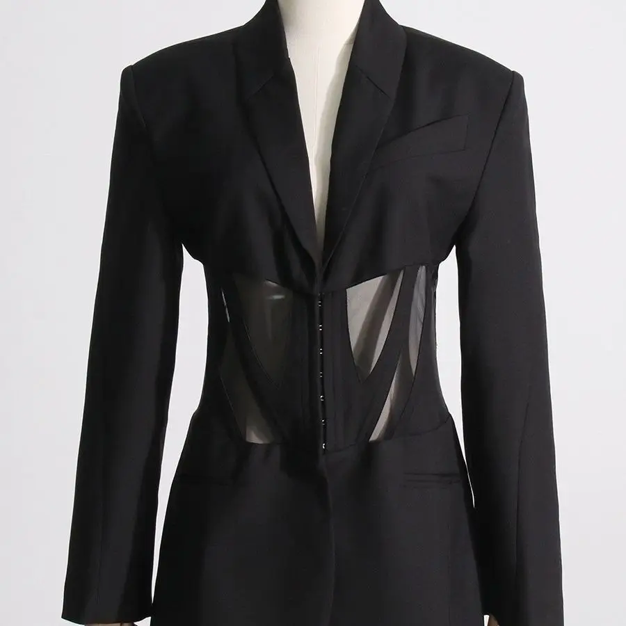 Autumn New French Style Commute Leisure Fishbone Waist Mesh Stitching See-through Suit Jacket for Women