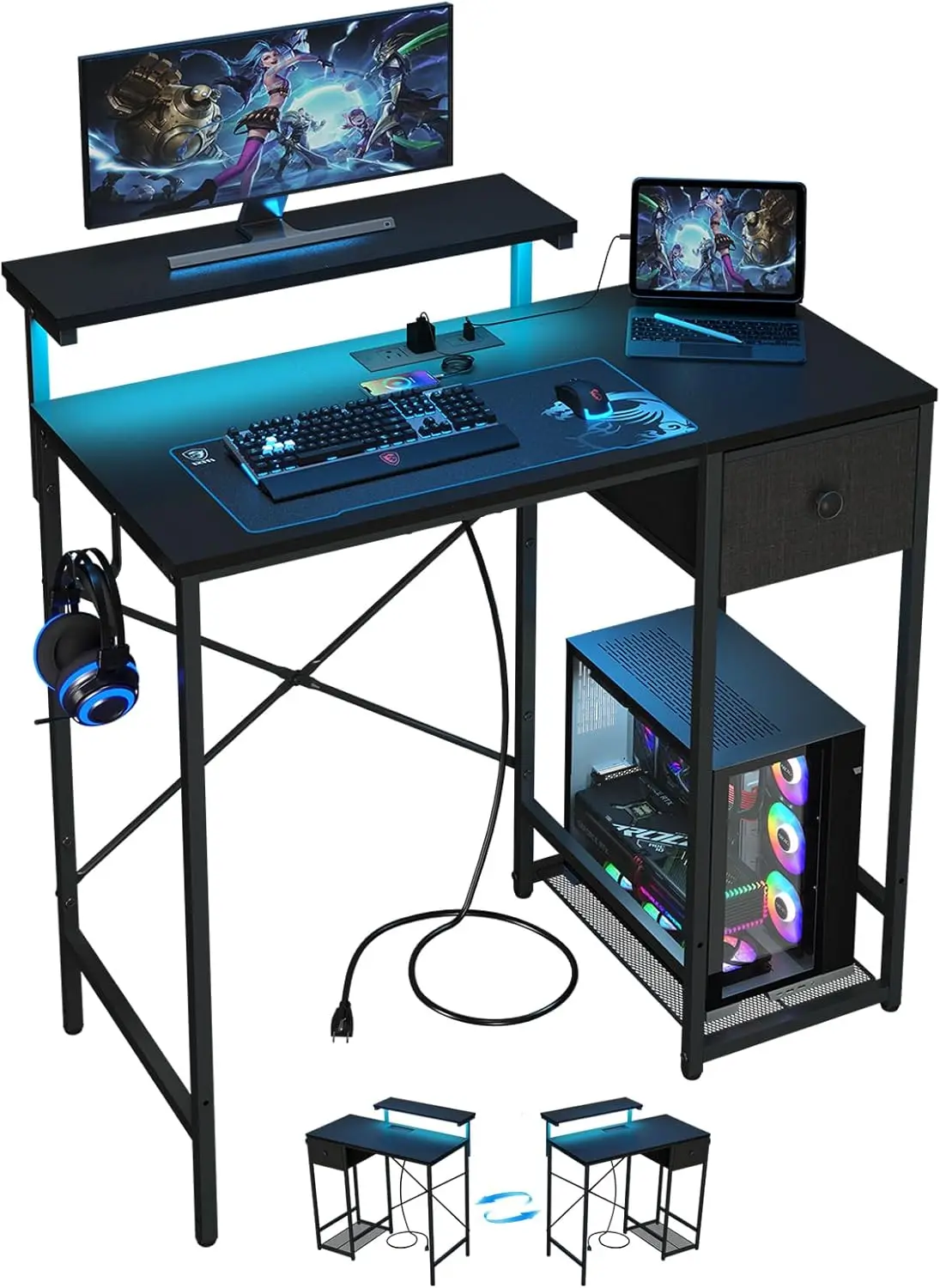 

33.5" Small Gaming Desk with LED Lights & Power Outlets, Compact Computer Desk with Monitor Stand & CPU Stand, Gamer Tab