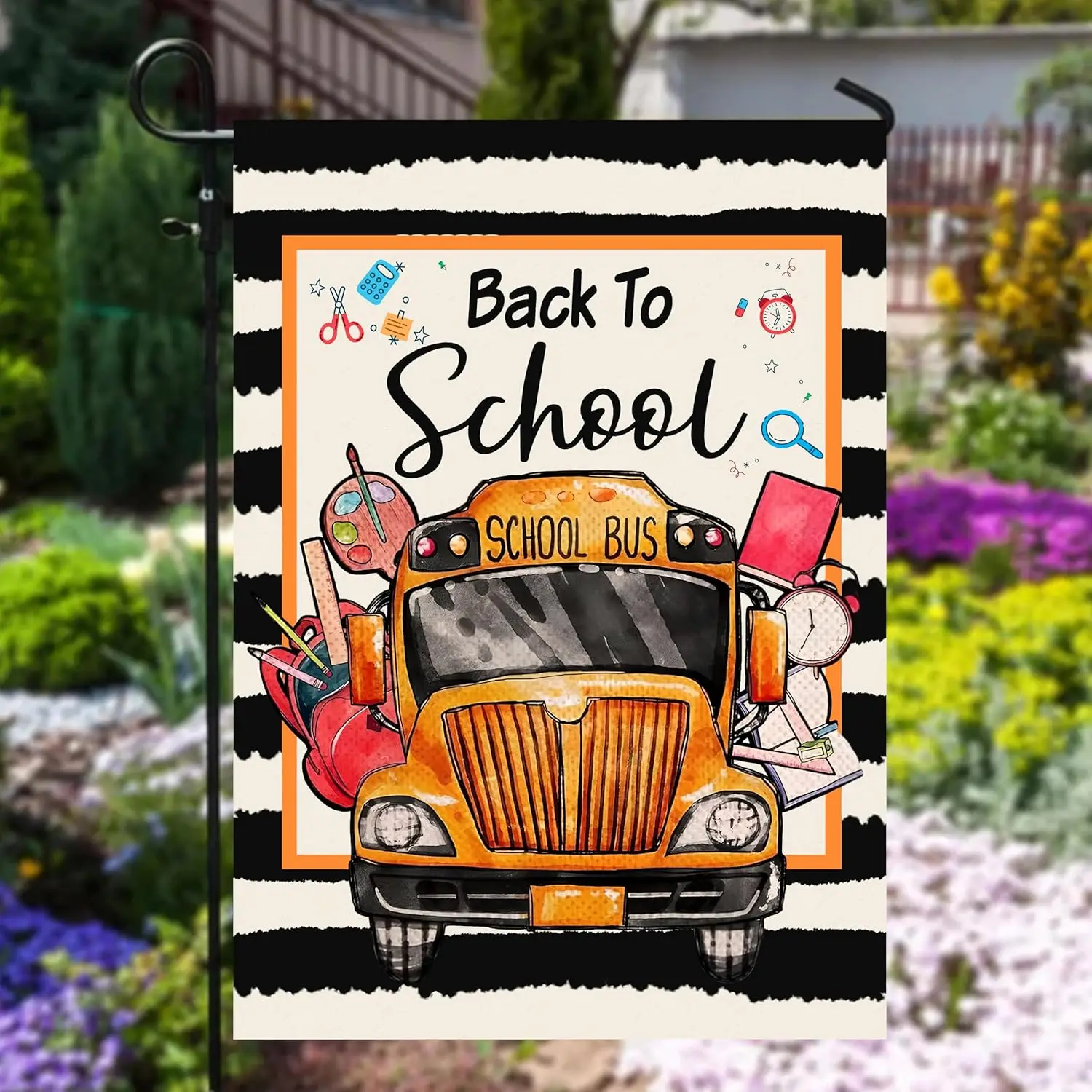 Back To School Set 2 House Flag 28 x 40 and Garden Flag 12x18 Double Sided, First Day Of School Flag, Back To School Bus Garden