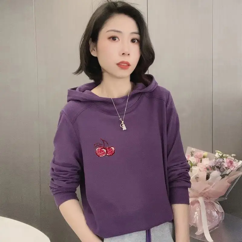 

Fashion Solid Color Embroidery Loose Hooded T-Shirt Female Clothing 2023 Autumn Winter Oversized Casual Tops Korean Tee Shirt