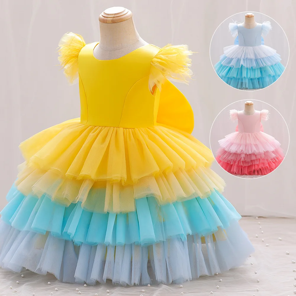 

ELBCOS 1-7Y Kid Girls Gradient Solid Color Petal Short Sleeve Lace Perform Cake Tiered Skirt Costumes Evening Layered Full Dress