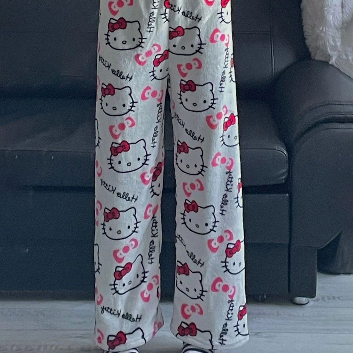 2024 Sanrio Hello Kitty Pajamas Halloween Flannel Anime Cartoon Fashion Trouserswomen Kawaii Woolen Casual Home Pants Trousers