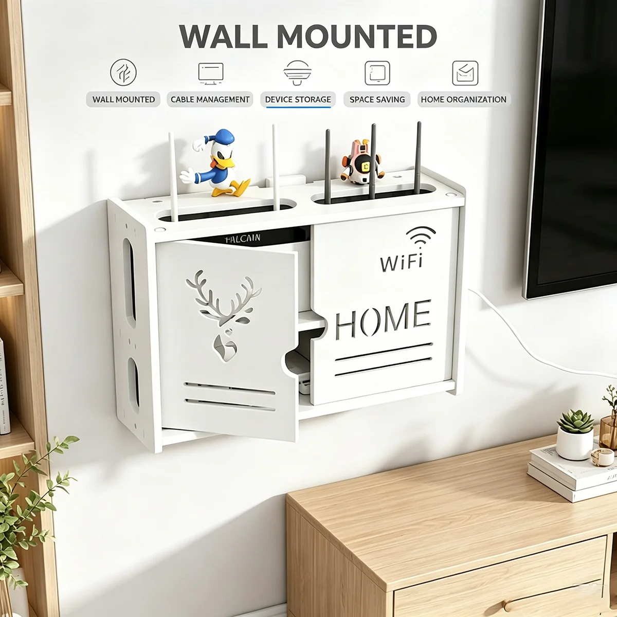 Simple Solid Color Rectangle Wall Mounted Set Top Box Shelf, Hollow Heat Dissipation Backboard, Punch-Free Router Modem Storage