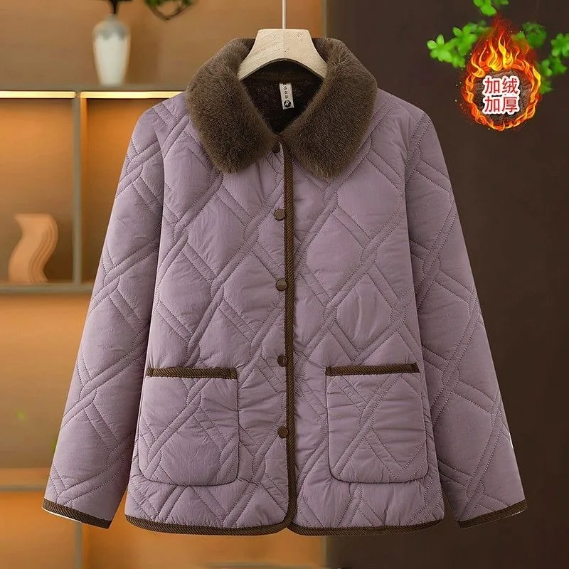 

Women's Solid Color Lapel Flocked Button Pocket Long-sleeved Cardigan Coat Autumn and Winter Fashionable Cotton Top