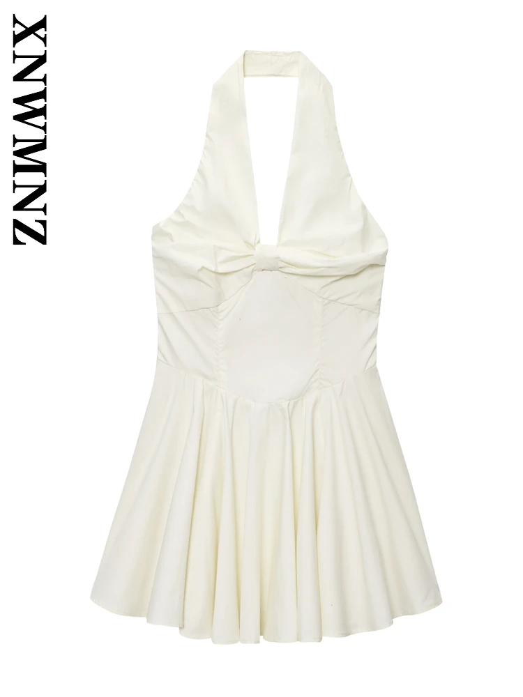 Xnwmnz 2025 verão nova senhora clube simples ombro sem costas vestidos sexy mulher sem mangas halter em camadas vestido moda midi