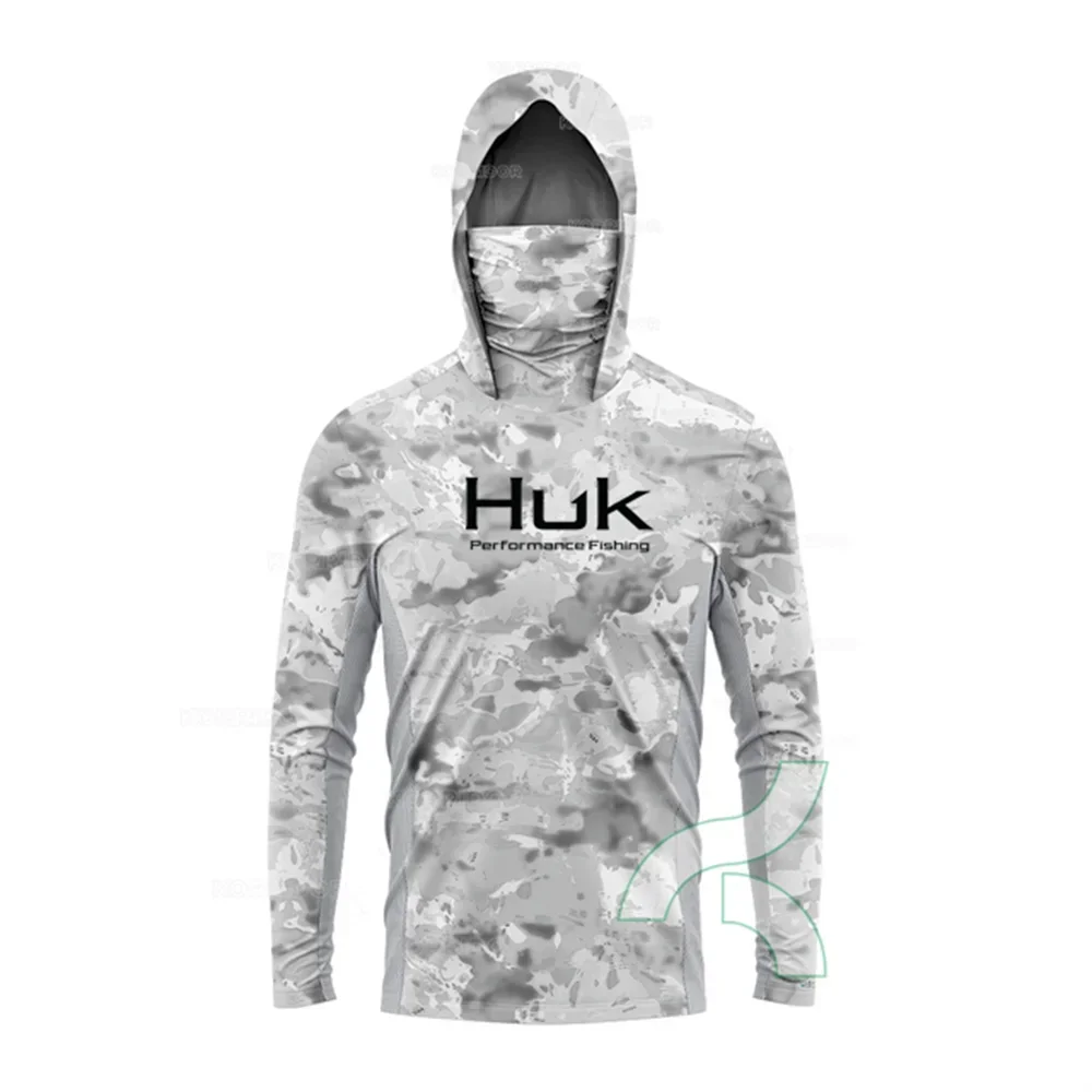 HUK Fishing Shirt Long Sleeve Anti-UV Fishing Hooded Shirts With Face Mask Fish Clothing Outdoor Sun Protection T-shirts UPF 50+