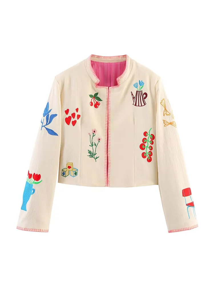 HH 2025 Jesienna Moda Damska Haftowana Kurtka Długi Rękaw Damska Vintage Okrągły Kołnierzyk Słodkie Płaszcze Uroczy Kardigan Mujer