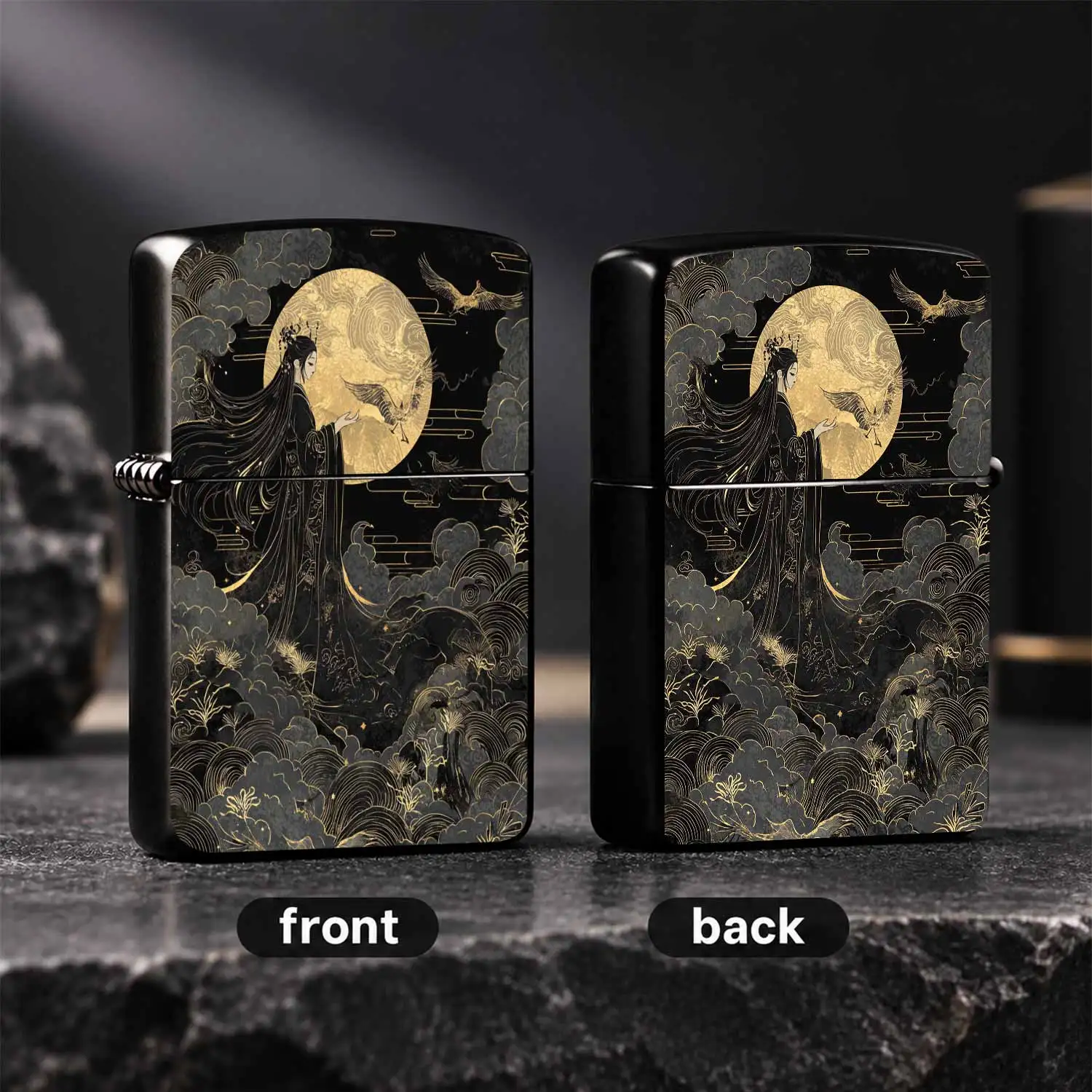 Eastern style Style Gold Foil Chang'e Moon Lighter, BLACK Relief Windproof PORTABLE Lighter, Vintage Crane Cloud Wave Pattern Collectible Gift for Daily Use, Suitable for Tobacco Incense Candle Lighting, Durable Exquisite Pocket Lighter f