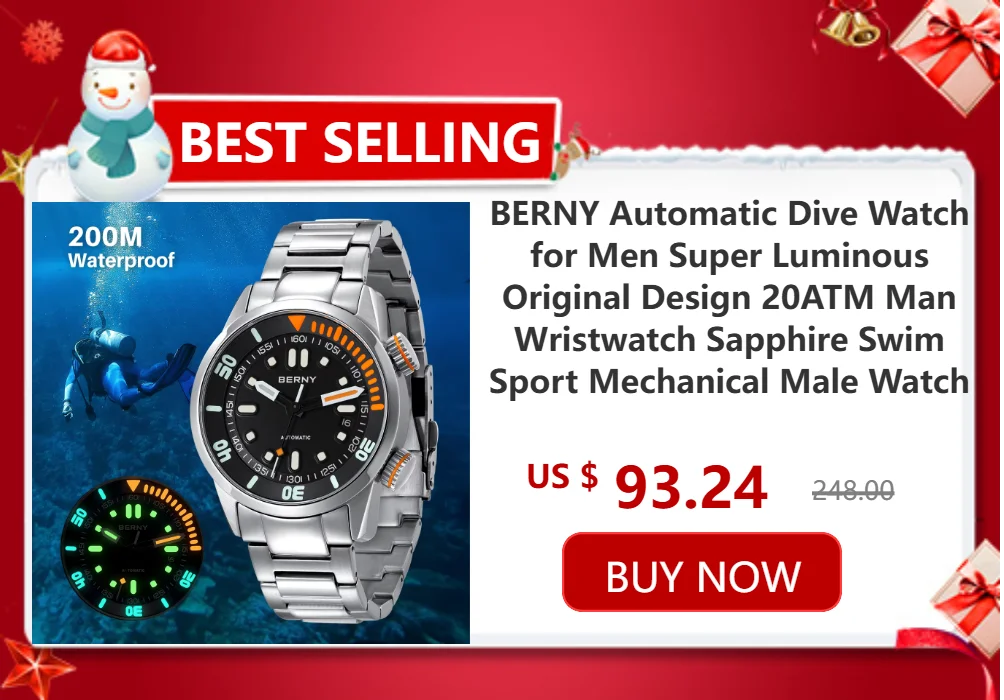 BERNY Automatic Dive Watch for Men Super Luminous 20ATM Diver Wristwatch Original Top Sapphire Swim Sport Mechanical Male Watch