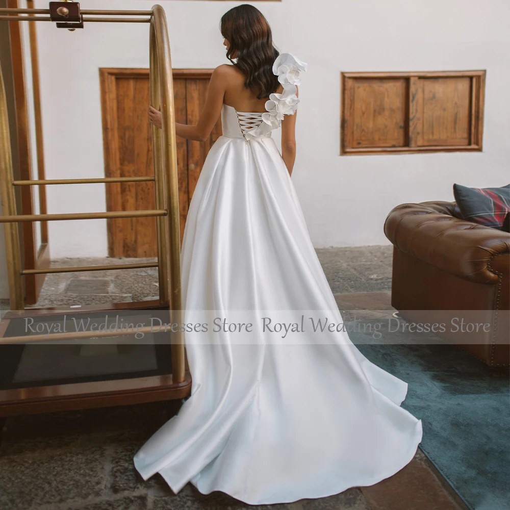 Simple Wedding Dress Satin Ruffle One Shoulder 3D Flowers A Line  Gowns for Women 2023 Bride Side Split Bridal  Long