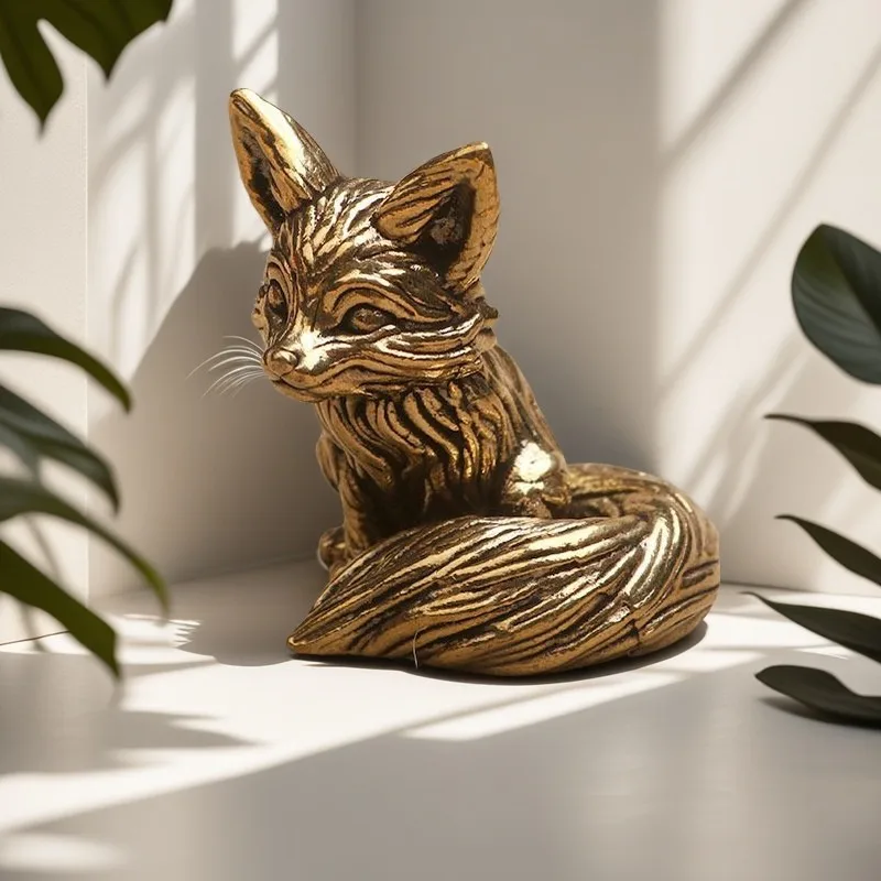 Brass Fox Statue Cute Fox Miniature Figurines Desk Ornament Decorations Accessories Copper Animal Sculpture Home Decor Crafts