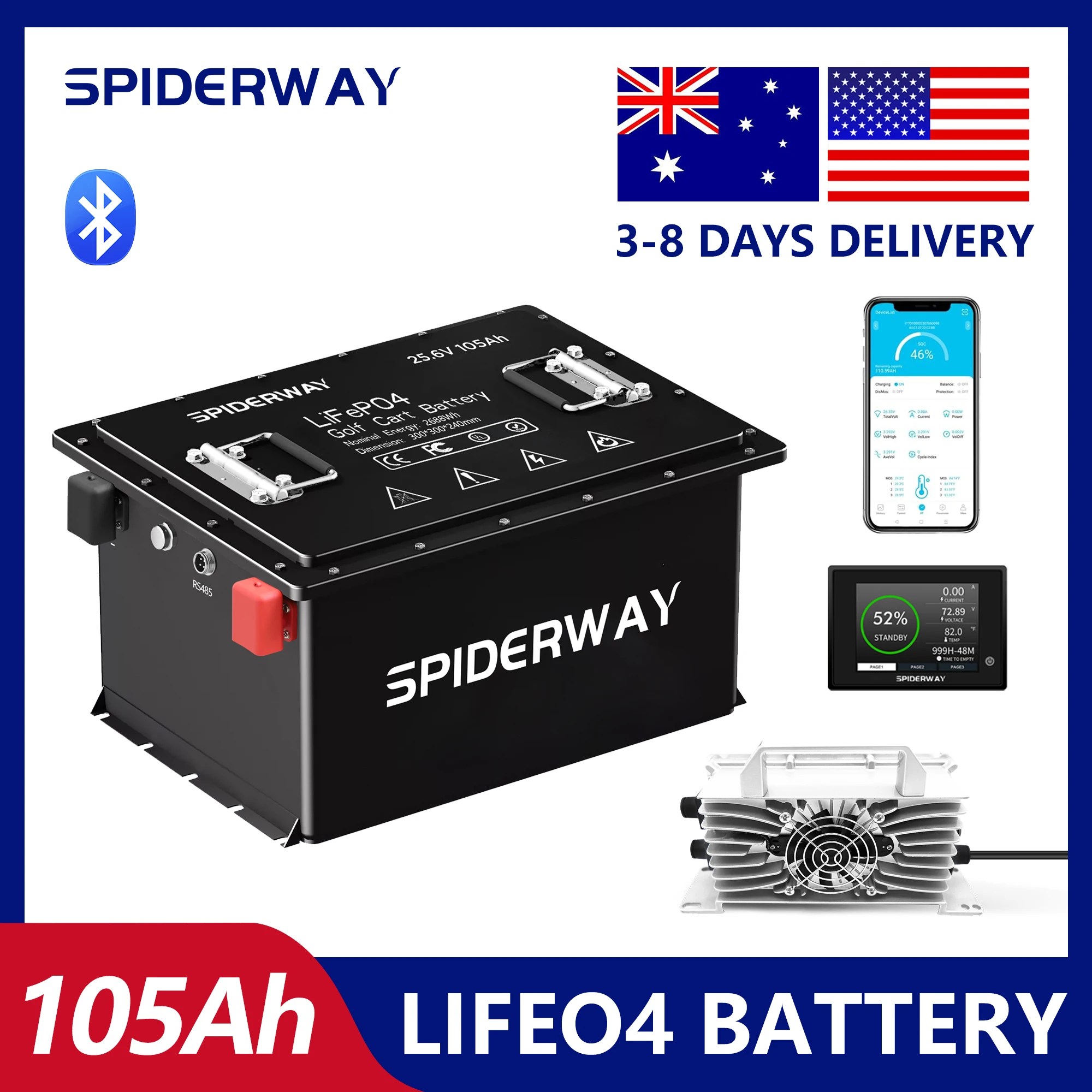 

Литиевая батарея для тележки для гольфа LiFePO4, 48 В (51,2 В), 105 Ач, полный комплект обновления с зарядным устройством, ЖК-дисплеем и приложением, встроенная BMS 200 А