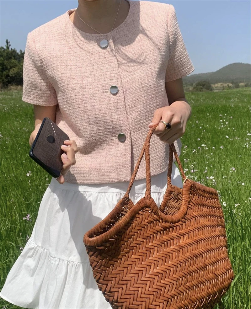 Summer Fragrant Round Neck Single Breasted Loose Plaid Short Sleeved Coarse Tweed Jacket Women Coats