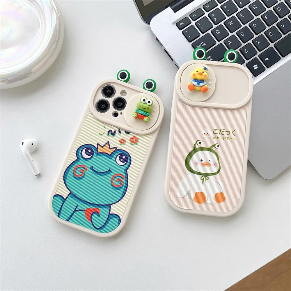 Cartoon Frog and Duck Vertical Pattern Veneer Sliding Window For iphone 15 15Promax 15Pro 11 12 13 14 14Pro 14Promax Soft Shell