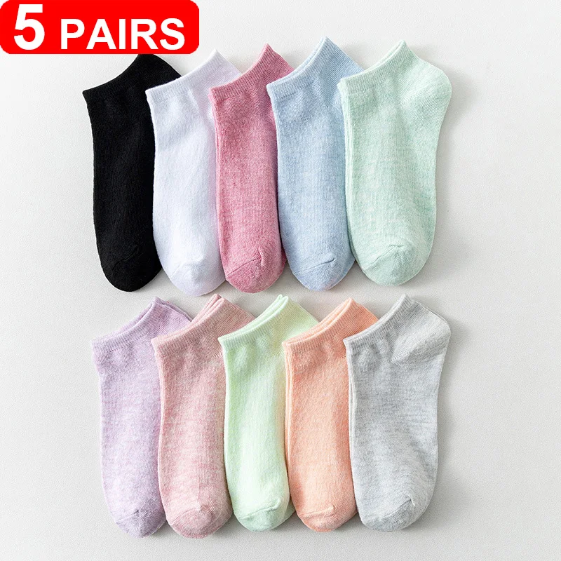 5 Pairs of Colored Cotton WOMEN'S Short Socks Ankle Breathable Girls Sports Socks Casual Summer Thin Low Tube Socks Solid Color