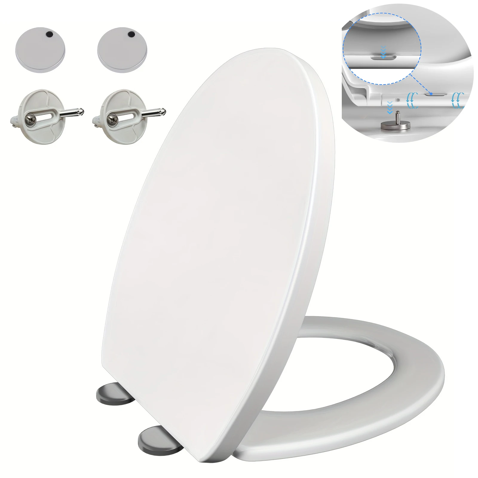 Asiento de WC en Forma de O con Cierre Suave y Liberación Rápida Un Botón, Tapa de Inodoro de PP Blanca con Bisagras Metálicas Antióxido, Fijación Superior Ajustable, Fácil Instalación y Limpieza, Silencioso y Duradero