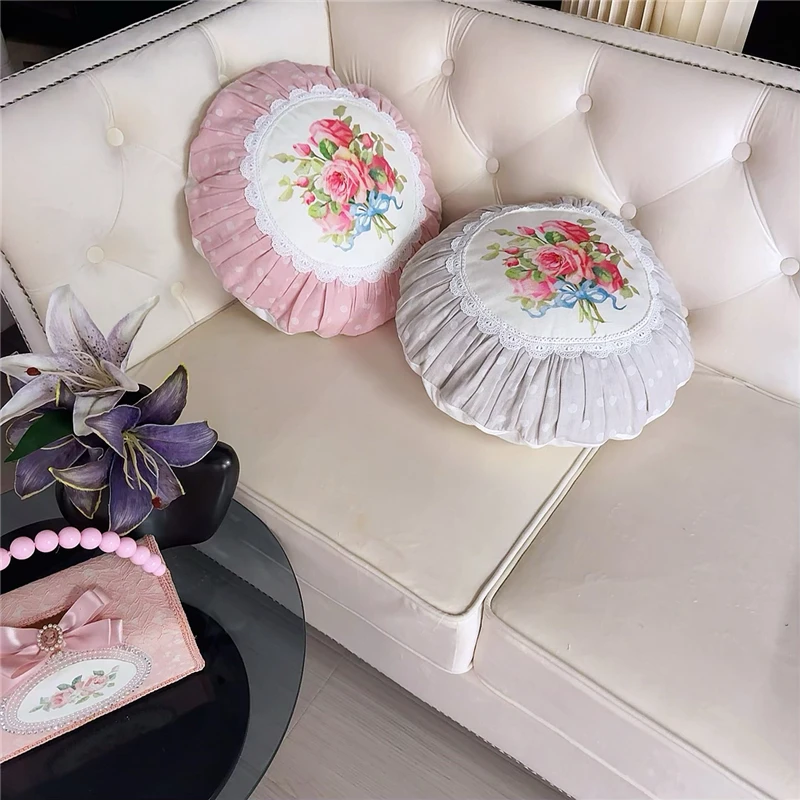 Retro Rose Pillowcase Cushion Pumpkin Cushion Cover Velvet Round Pillow Case Futon Sofa Car Decor Solid Color Lace Cushion Cover
