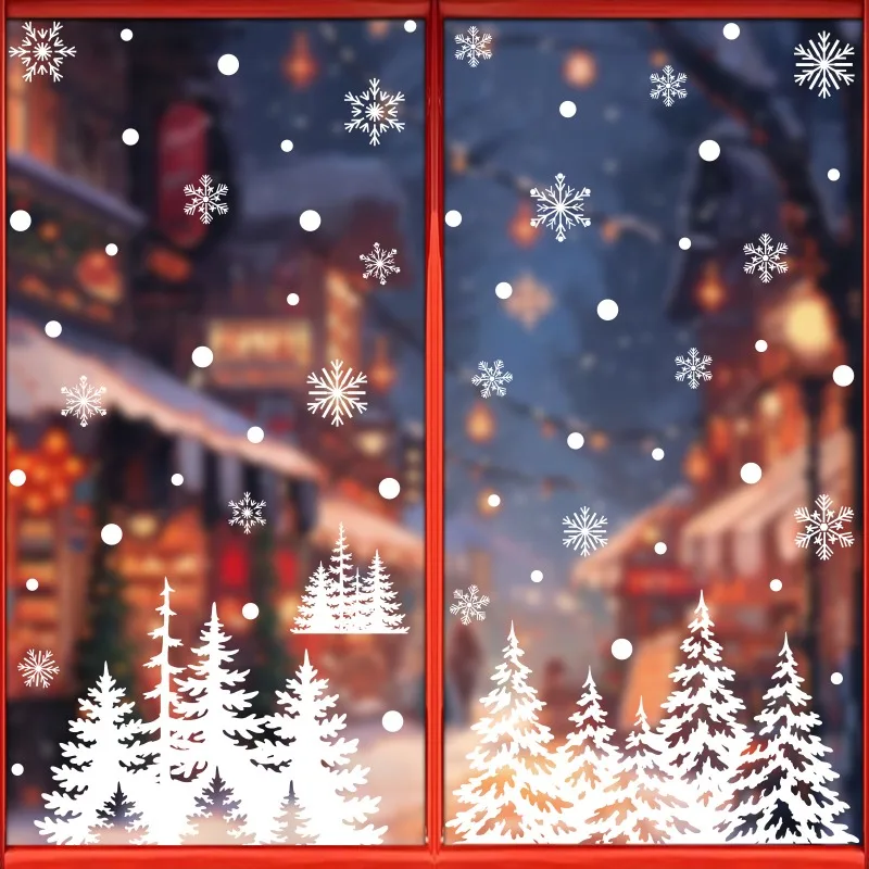 Christmas Static Window Clings, White Forest Snow Scene Sticker, Snowflake Glass Decal, Xmas Party Window Decoration