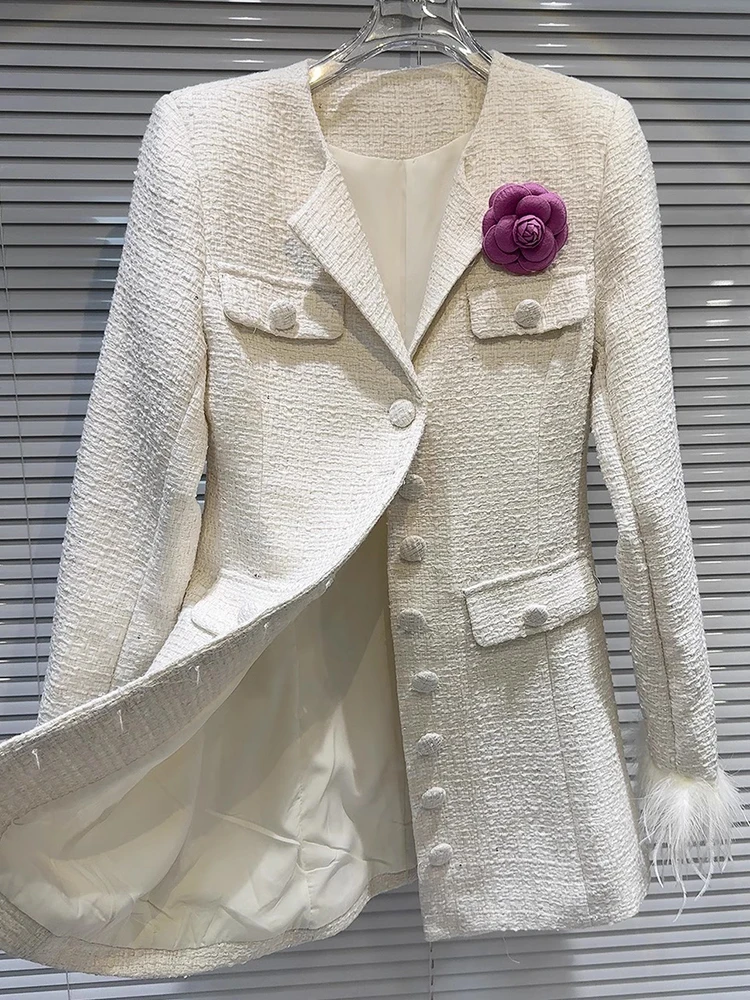 TWOTWINSTYLE Elegant Spliced Brooch Coats For Women Lapel Long Sleeve Patchwork Single Breasted Temperament Coat Female Fashion