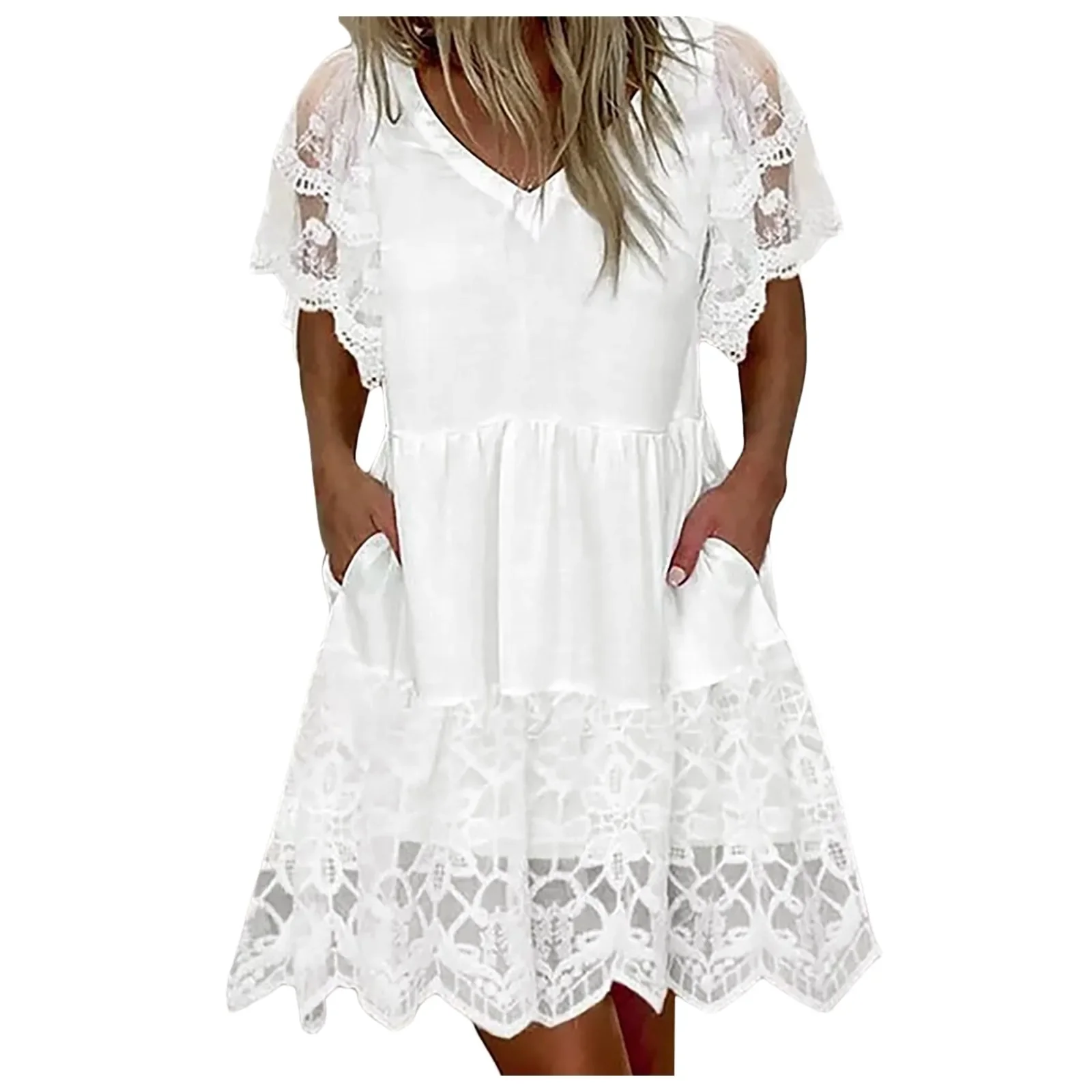 Vestido blanco de encaje con cuello en V para Mujer, minivestido plisado de manga corta, holgado, informal, para vacaciones, 2024