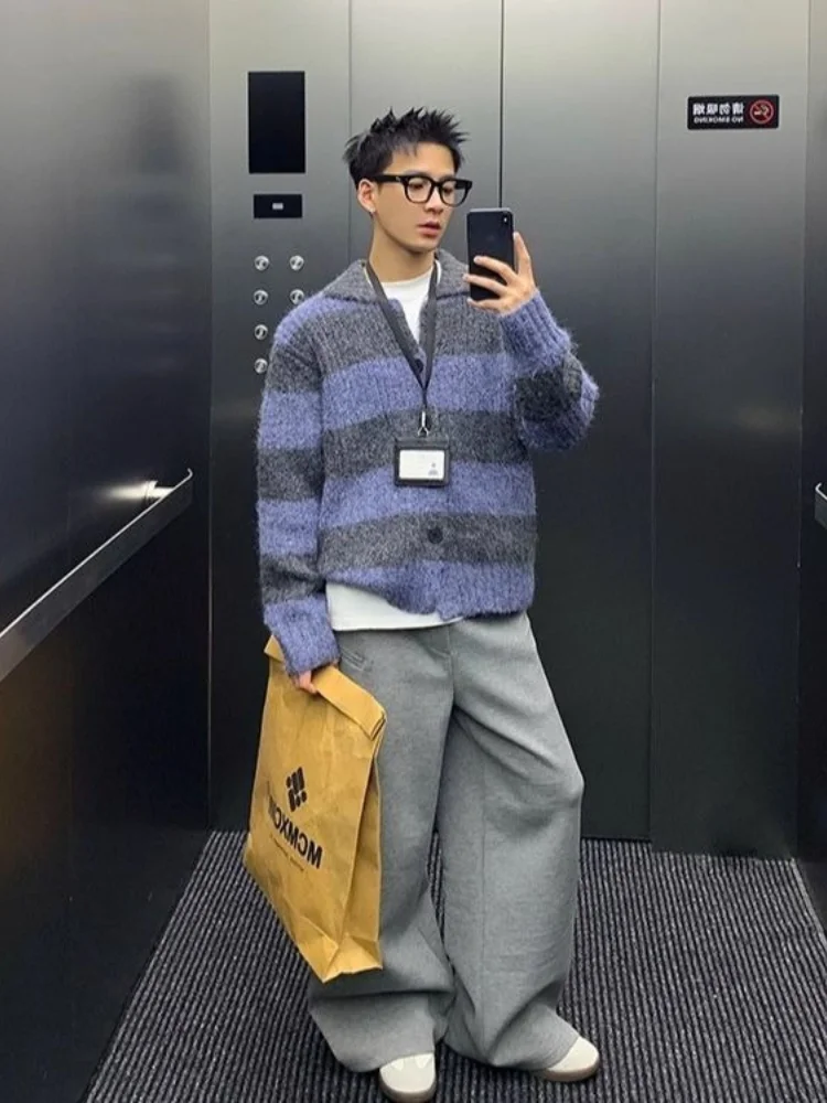 Men's Striped Color Block Knit Cardigan Korean Style Retro Fuzzy Sweater Loose Fit Vintage Preppy Fall Winter Outerwear Top