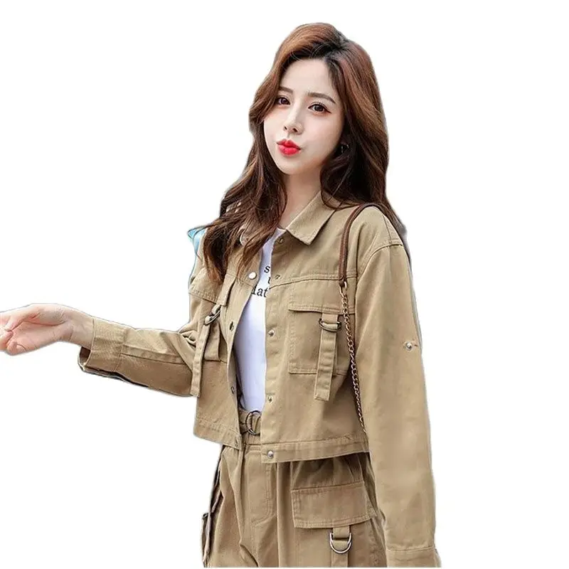 Fashion Safari Style Women\'s Two-piece Sets Spring Autumn Cotton Suits Long Sleeve Short Tops Jacket Harem Pants Workwear Sets