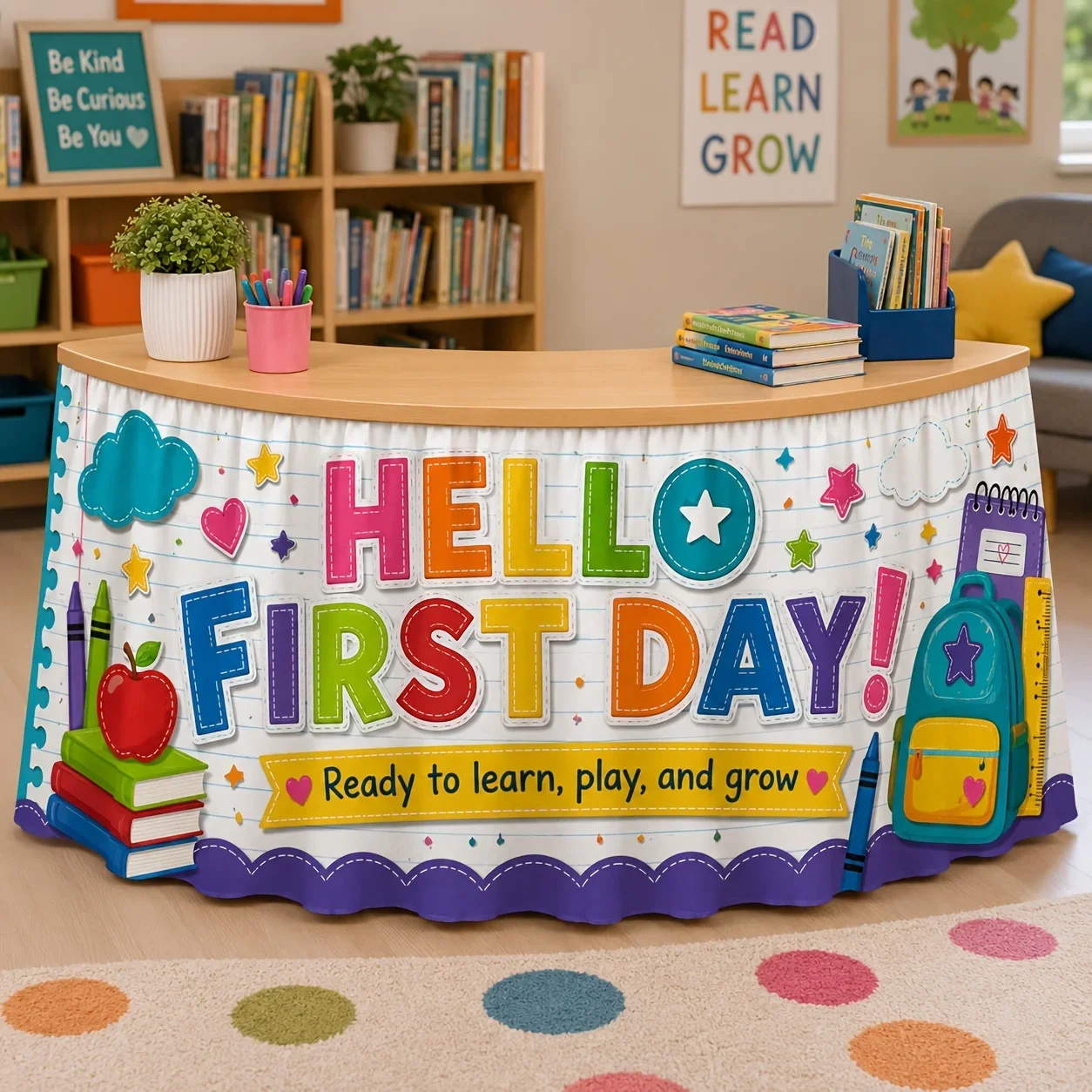 Party table dress, 1-piece set. Hello, theme table dress design for the first day of school A.
