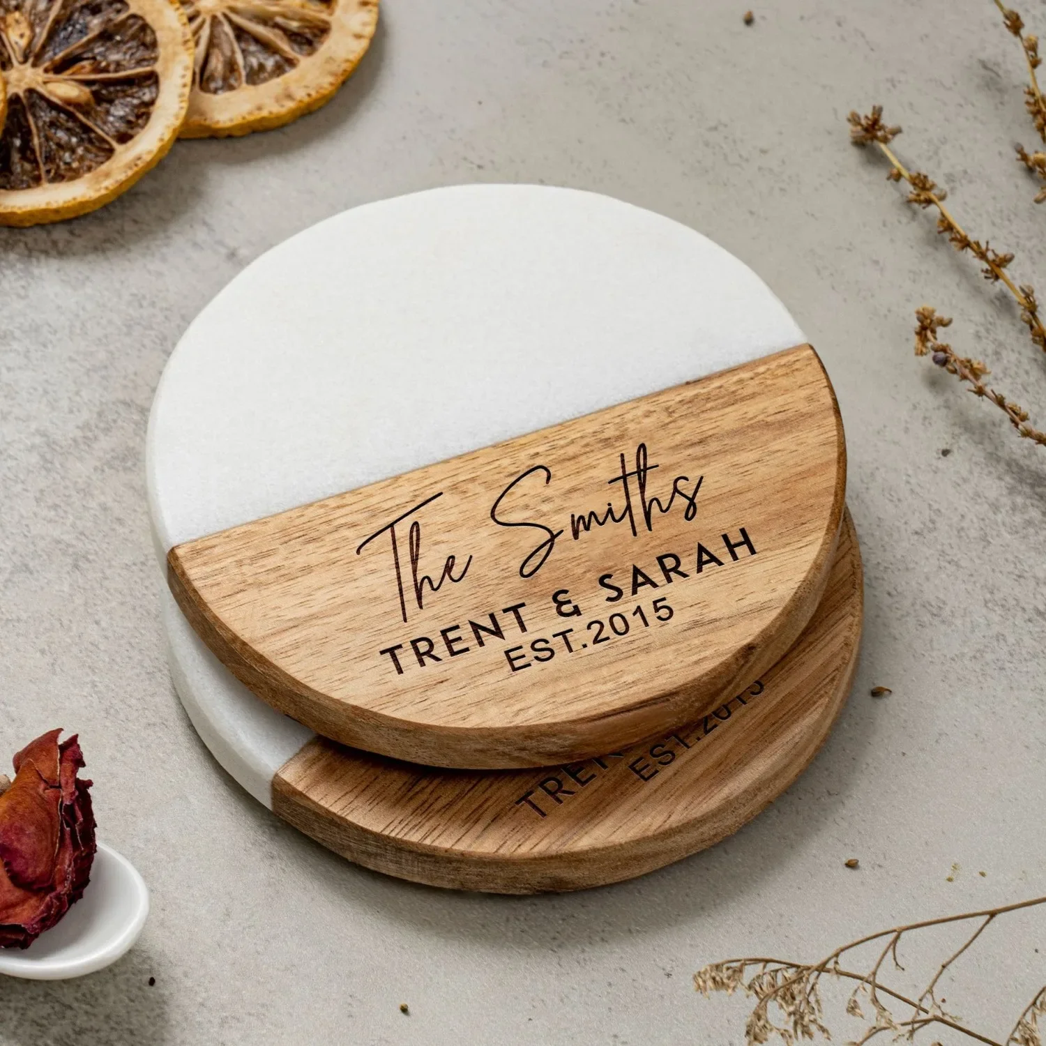 Custom Engraved Marble Wood Coasters | Round Marble Wooden Coaster Personalized | Housewarming Gifts | Wedding Gifts