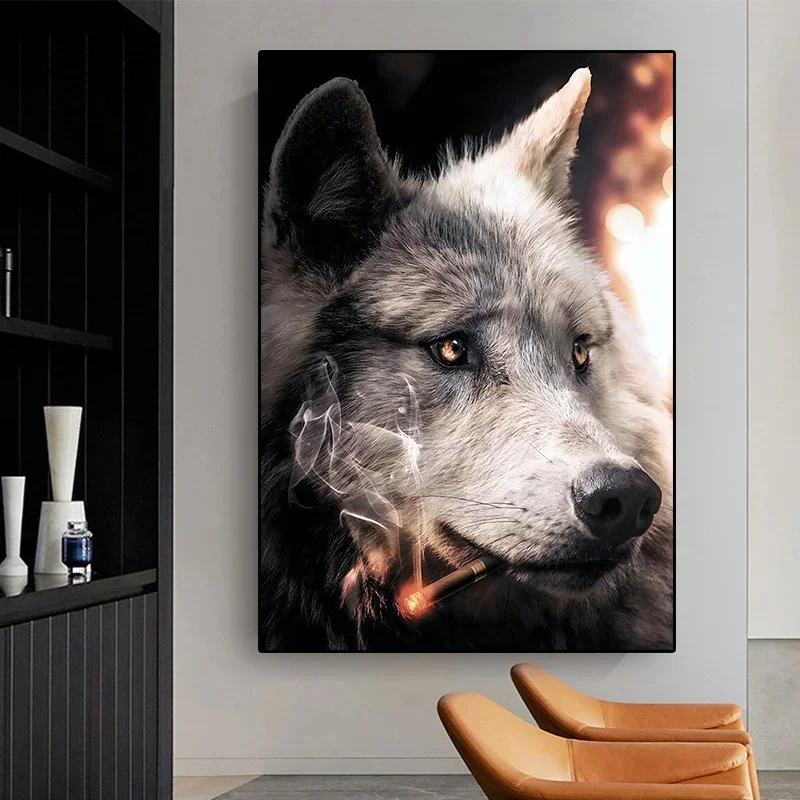 Smoking Wolf Canvas Posters and Prints Funny Wild Animal Canvas Painting Modern Wall Art Pictrues for Room Home Decor (No Frame)