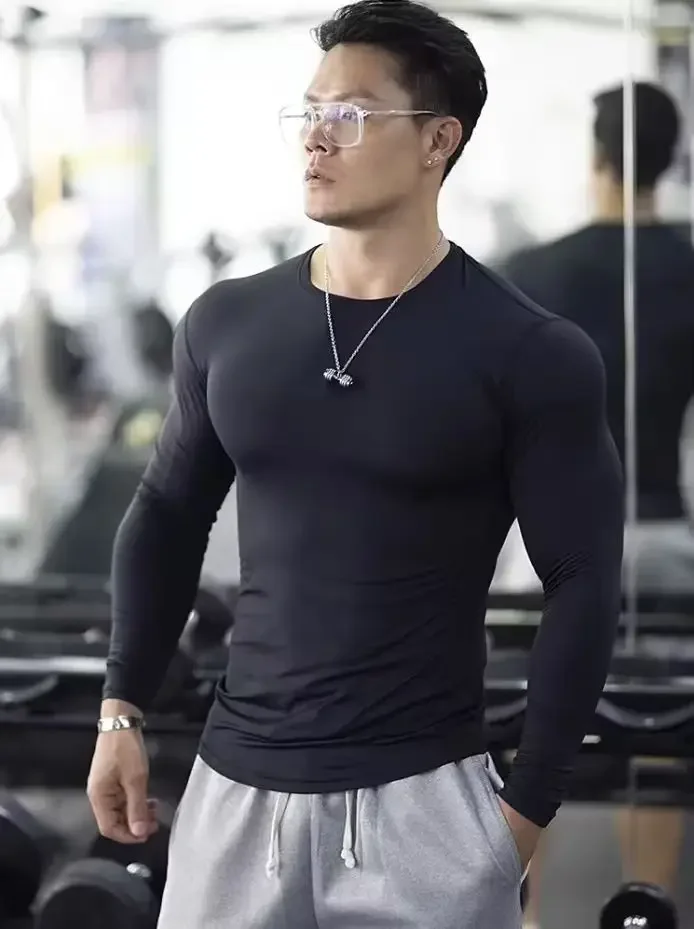 1pc Boyfriend Style Men's Black Compression Long Sleeve T-Shirt, Elastic Thermal Underwear For Sports & Fitness