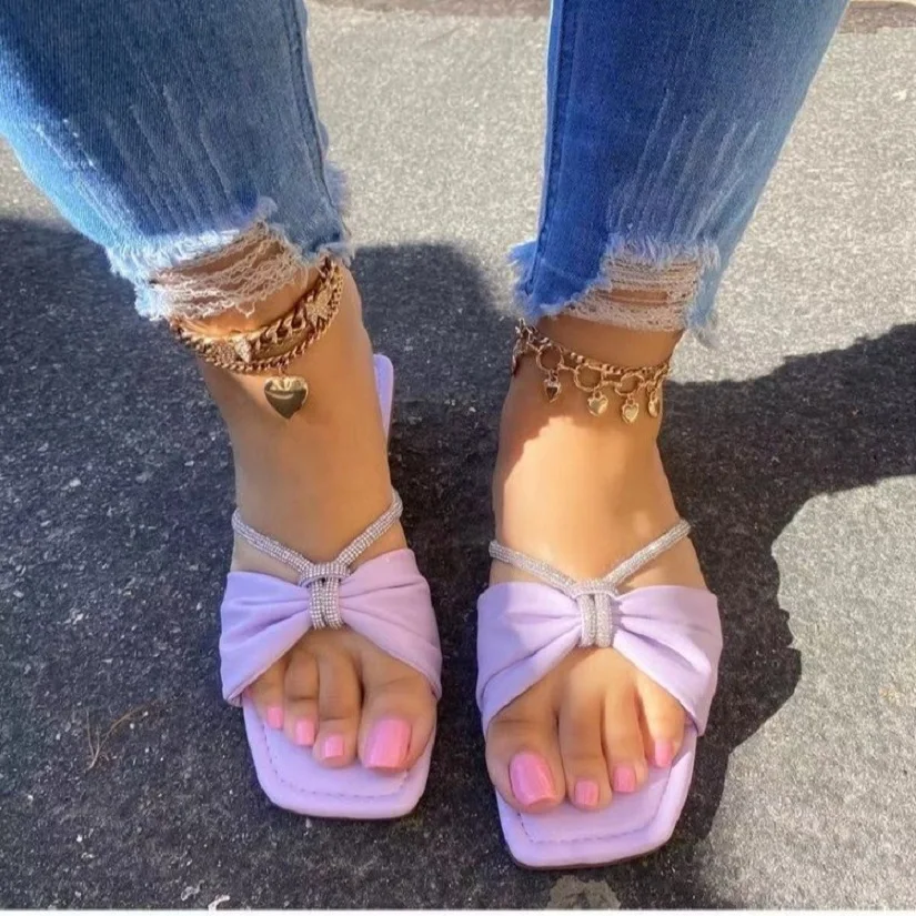 Summer new arrival fashion flat casual solid color rhinestone chic slippers plus size light sandals beach outdoor women shoes