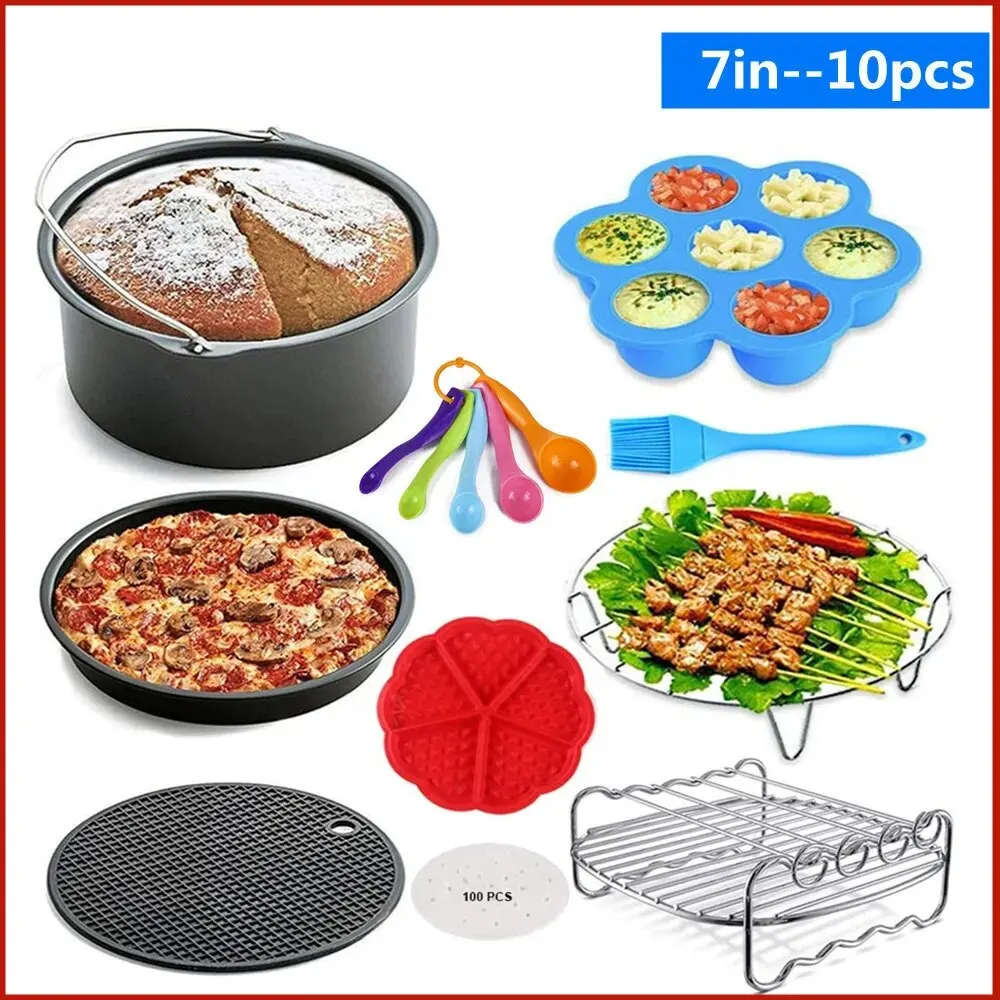 10pcs AirFryer Accessories 8/7/6 Inch Fit for Airfryer 4.2-5.8QT Baking Basket Pizza Plate Grill Pot Kitchen Cook Tool for Party