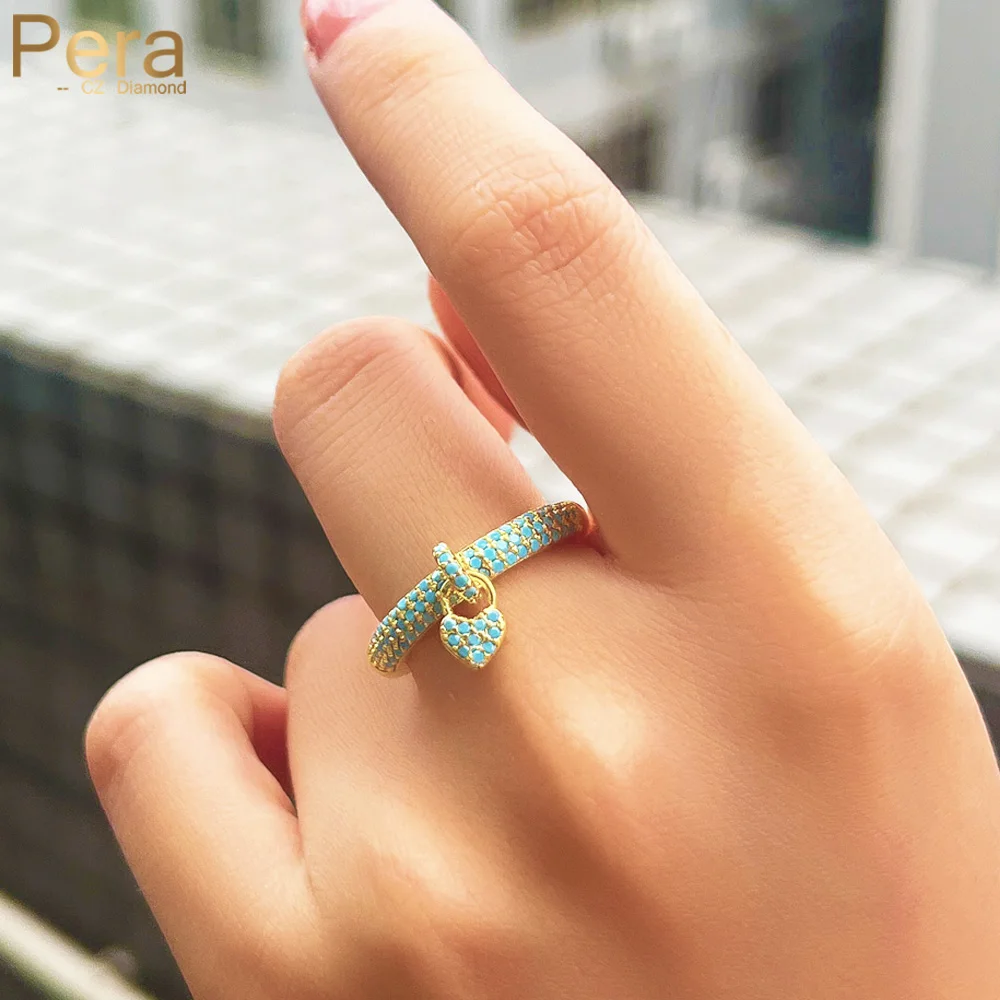 Pera Fashion Blue Turquoise Pave Setting Wedding Jewelry 2023 Trendy Gold Color Heart Charm Opensize Finger Rings for Women R217