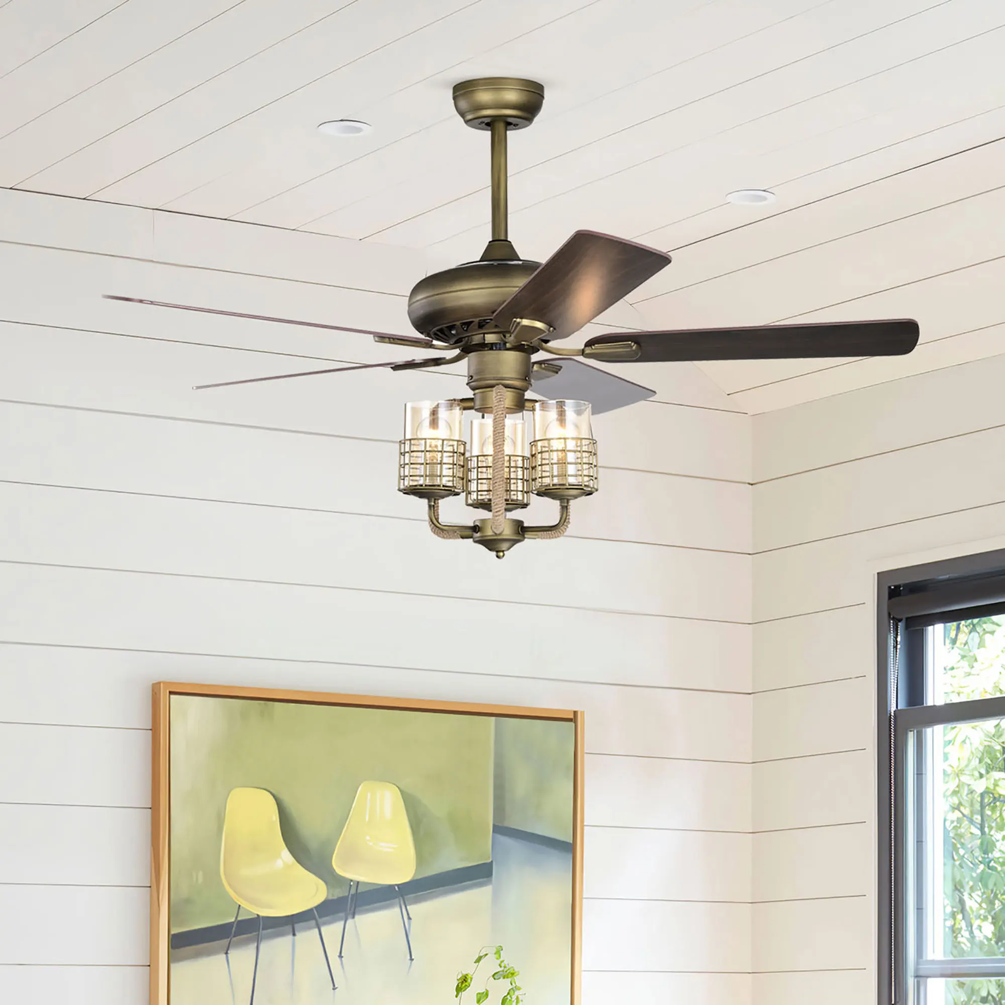 52inch Bronze Metal 3 Lights Ceiling Fan with 5 Wood Blades Two-color fan blade AC Motor Remote Control Reversible Airflow