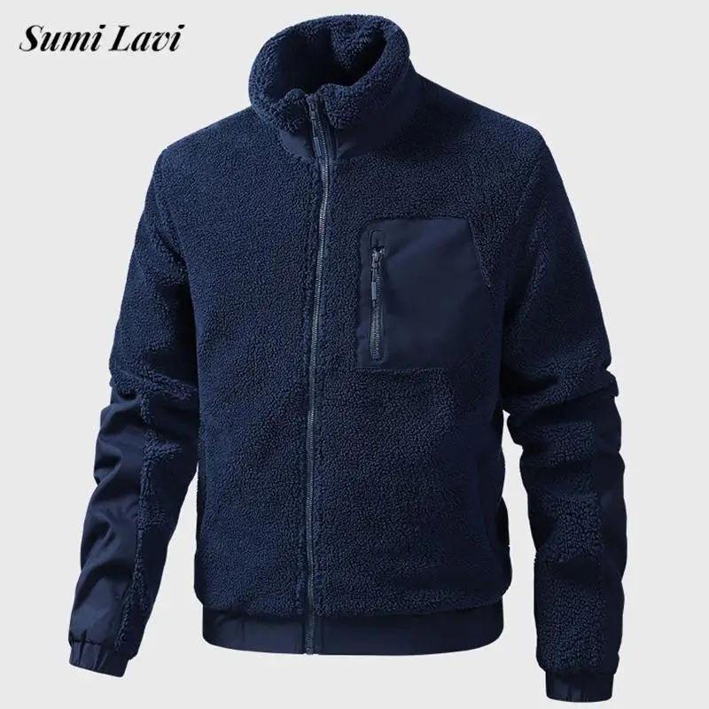 

Streetwear Vintage Patchwork Fleece Jackets Autumn Mens Casual Stand Collar Zipper Jacket Winter Warm Furry Fleece Coats For Men