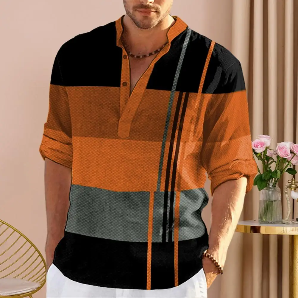 Color Block V-neck Top Men's V-neck Long Sleeve Business Shirt with Patchwork Color Casual Slim Fit Pullover Top for Spring