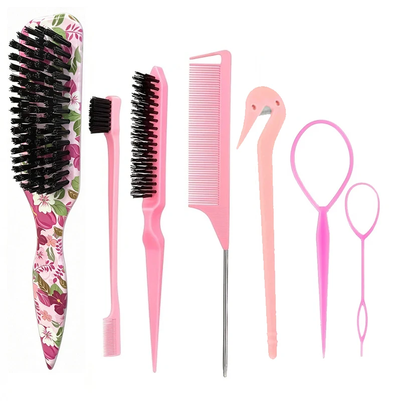 7Pcs Professional Hair Styling Set, Teasing Brush for Voluminous Hair, Rubber Band Cutter for Salon & Home Use