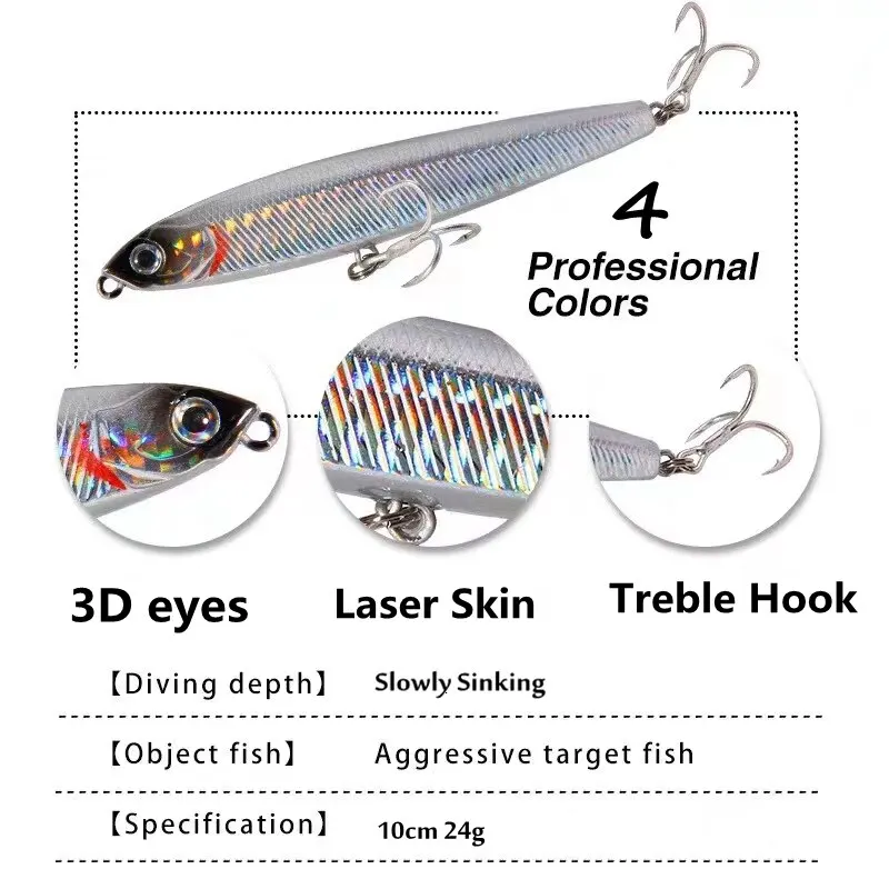 Fishing Lure 4pcs/set Pencil Sinking 10cm 24g Bass Fishing Tackle Saltwater Lures Fish Bait Trolling LureFishing Accessories