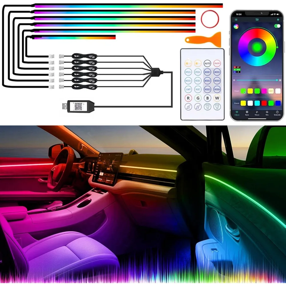 

acrylic interior car led lights with wireless app/remote/button control, 6 in 1 dreamcolor usb car ambient lighting kit 16 milli
