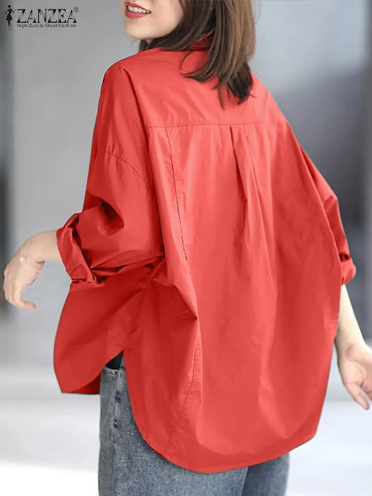 ZANZEA Women Korean Fashion Oversize Shirts Casual Loose Solid Color Long Sleeve Camisas BF Style Button Up Rounded Hem Blouses