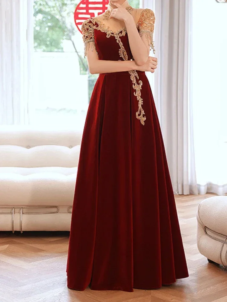 Fashion Chineses Velvet Lace Spliced Wedding Party Dresss Exquisite Sequin Floral Appliques Stand Collar Gown Slim Fit Vestidos