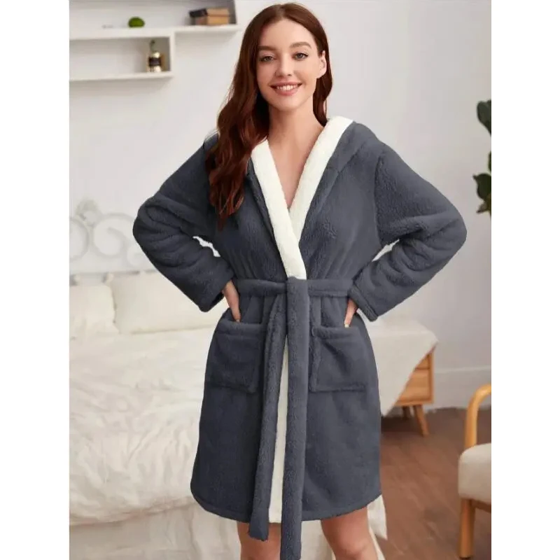 

Women Warm Flannel Sleepwear 2023 Winter Sleepwear Hooded Robe Gown Nightgown Warm Bathrobe Loose Kimono Homedress Loungewear