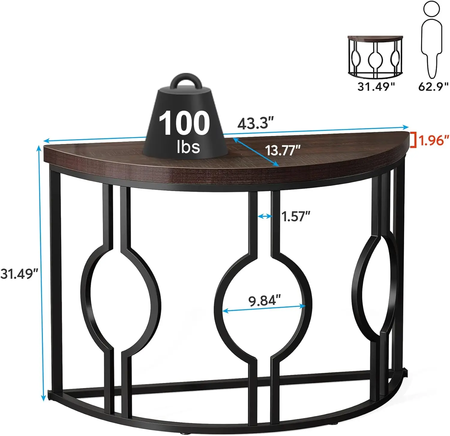 Umail Furniture Console Table for Entryway, 43 Inch Industrial Semi Circle Sofa Table with Geometric Base