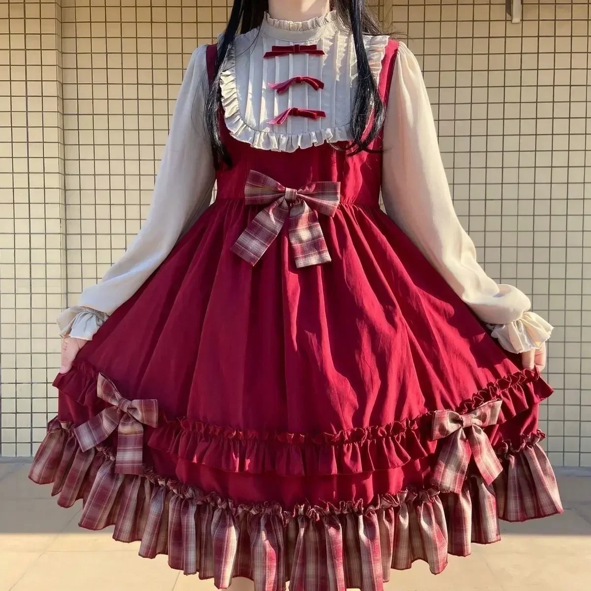 Chapeuzinho vermelho original Lolita vestido de manga comprida para meninas, OP bonito arco, ano novo, verão e outono